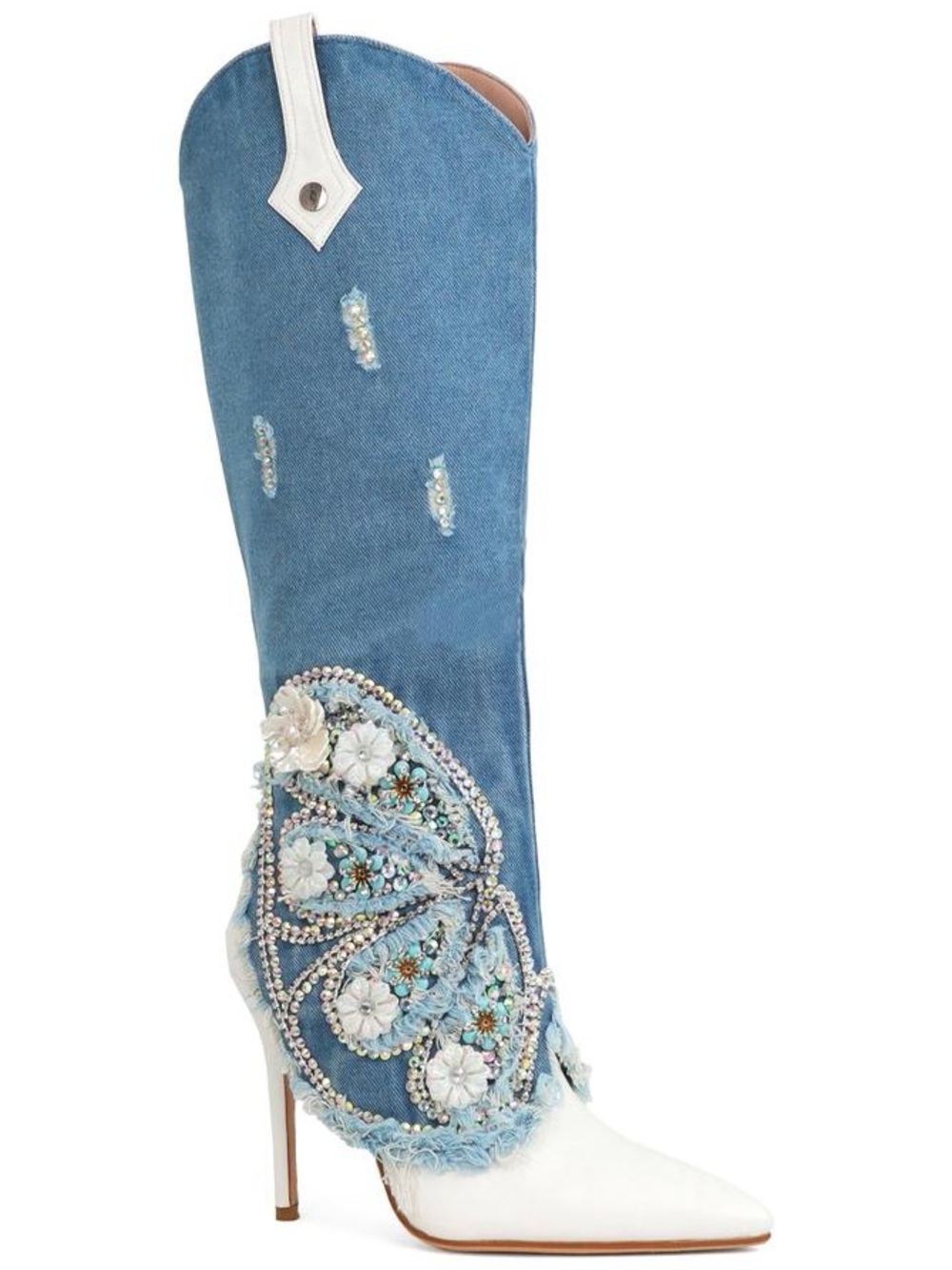 Yoki Blue and White Embellished Denim Knee-High Heeled Boots